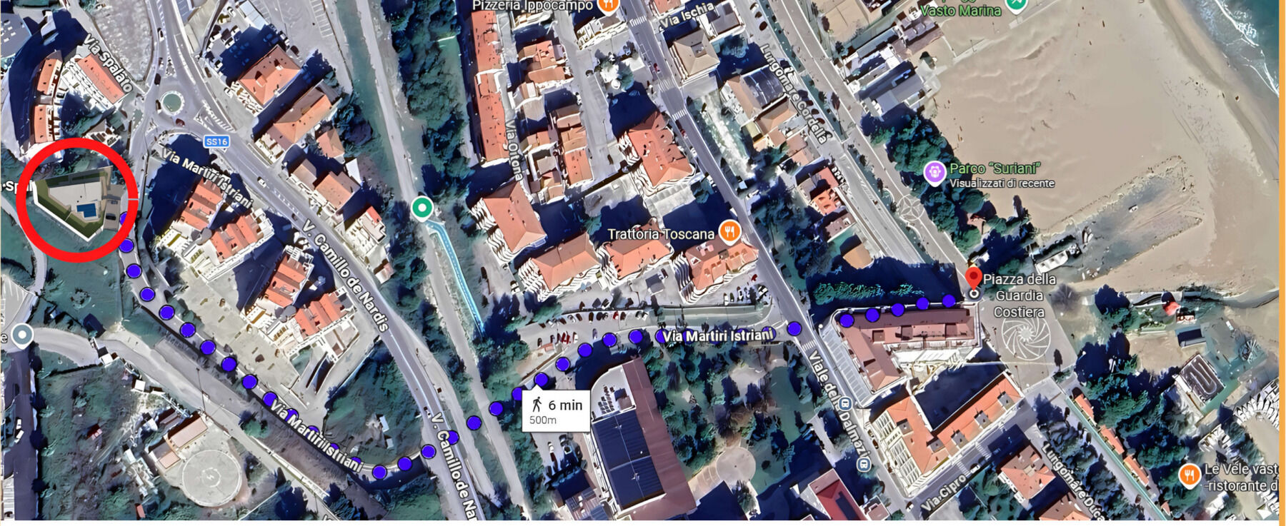 Mappa satellitare con il percorso pedonale di 500 metri dall'edificio a Piazza della Guardia Costiera